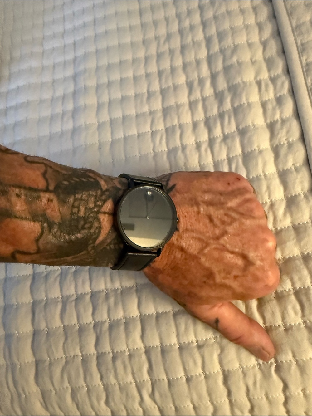Movado Museum Black Stainless Steel Watch Back with Black Leather Strap